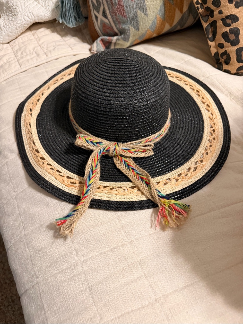 Black Straw Sun Hat with Multicolor Braided Tie